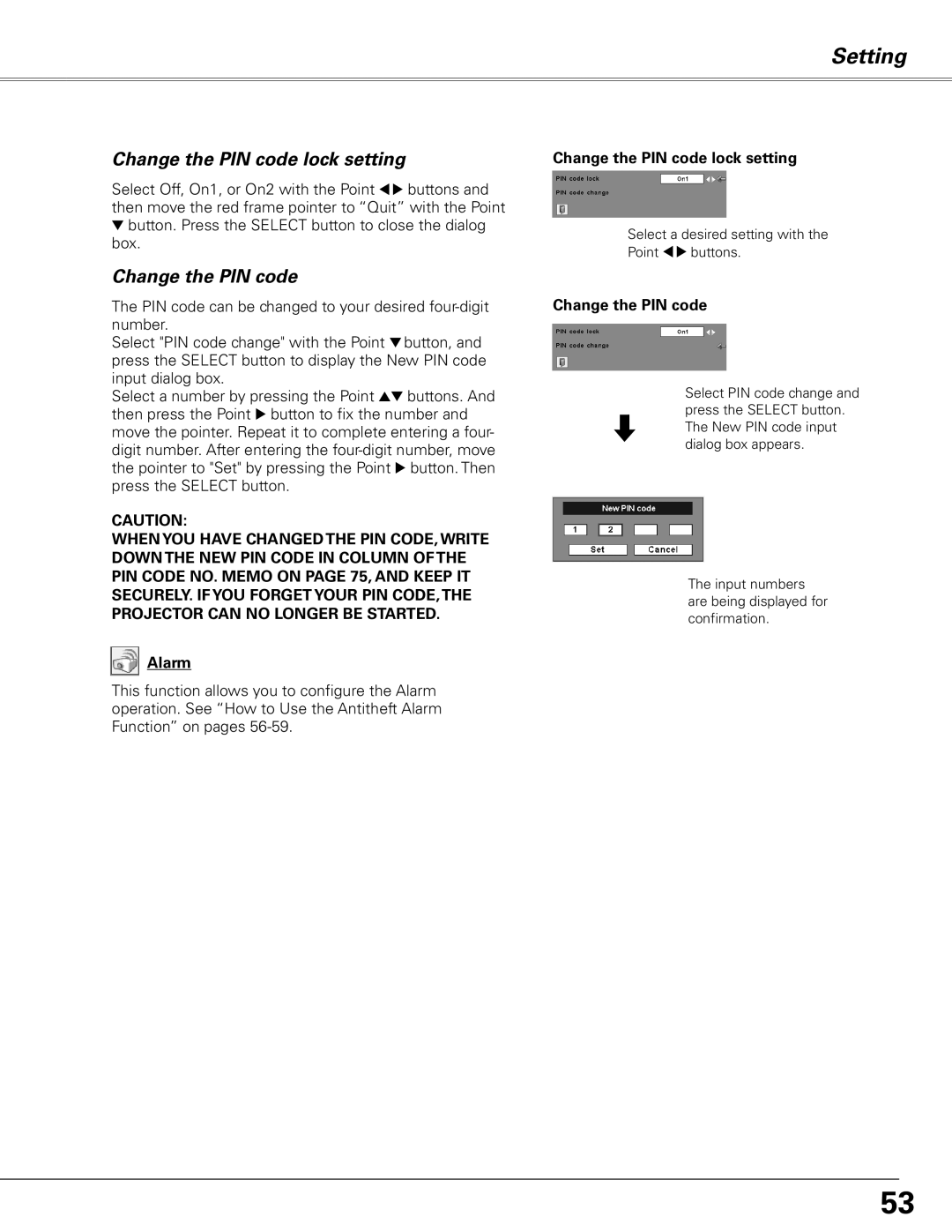 Sanyo PLC-XL51 owner manual Change the PIN code lock setting, Change the PIN code lock setting 